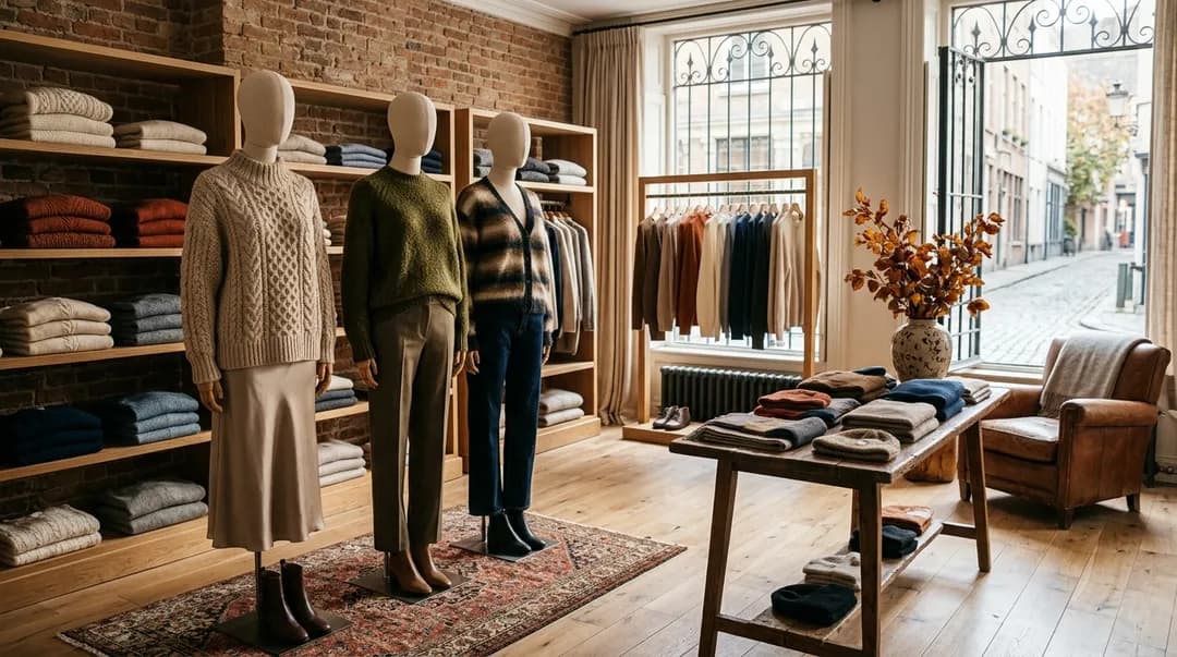 Cozy boutique showroom styled with sweaters and knitwear on mannequins