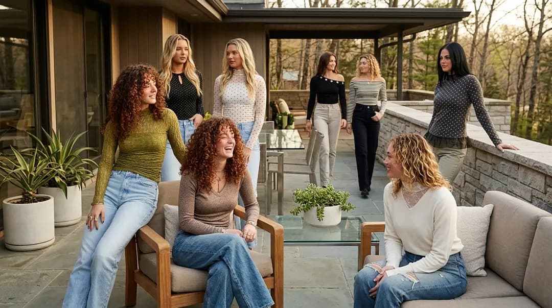 Women in fitted fall knit tops and denim gathered on a sunlit patio