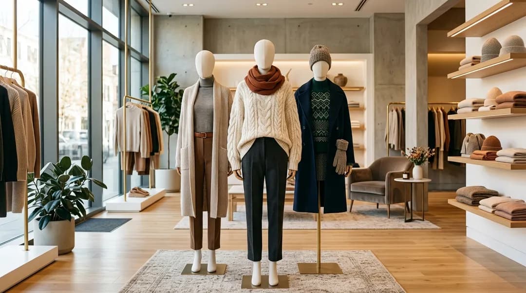 Bright modern boutique displaying winter knitwear and layered looks