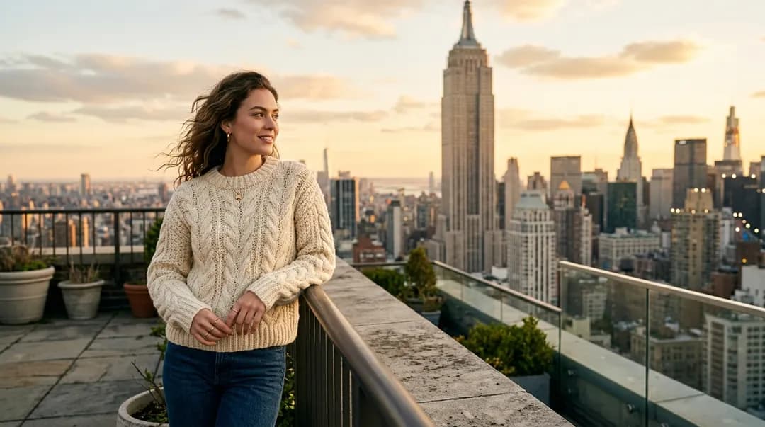 Woman in a chunky knit sweater on a rooftop with a city skyline behind her