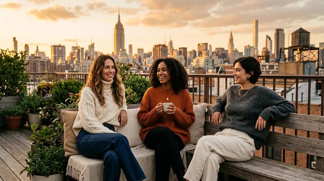 Three women in knit sweaters relaxing together on a city rooftop terrace